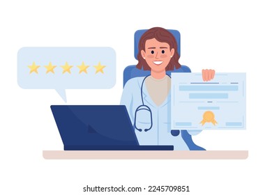 Female doctor reviews semi flat color vector character. Editable items. Full body on white. Professional licenses simple cartoon style illustration for web graphic design and animation