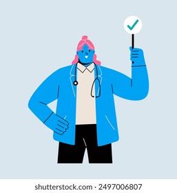 Female doctor with a right sign. Colored flat vector illustration
