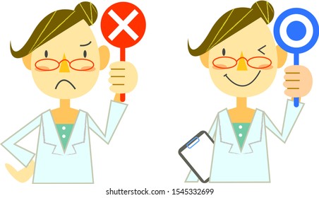 female doctor with 'right' and 'wrong' sign