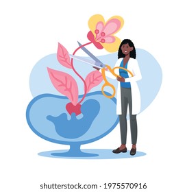 Female doctor in robe is doing abortion operation. Concept of stop baby pregnancy persons. Mothers choice to cancel unborn child with gynecology doctor surgery. Flat cartoon vector illustration