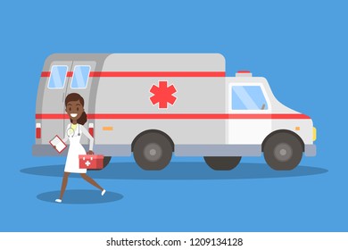 Female doctor running in front of ambulance car. Emergency vehicle and medical professional with first aid kit. Vector flat illustration