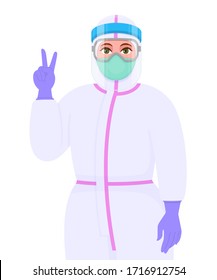 Female doctor in safety protective suit, mask and face shield showing victory or peace gesture sign. Physician gesturing success/winner hand symbol. Corona virus outbreak. Cartoon vector illustration.