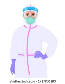Female doctor in safety protective suit, mask, glasses and face shield posing hand on hip. Physician or surgeon wearing PPE. Corona virus epidemic outbreak. Cartoon illustration design in vector style