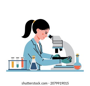 Female doctor or scientific researcher using microscope in a laboratory and doing chemical research, microbiological analysis or medical test. Vector illustration