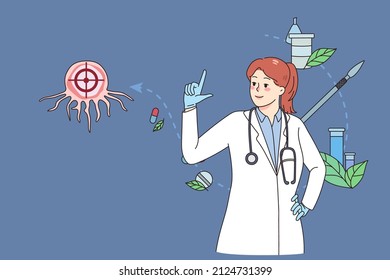 Las mujeres doctoras o científicas exploran las células cancerígenas investigan en laboratorio. La mujer especialista en medicina trabaja con diagnóstico y tratamiento oncológico. Biopsia tumoral y quimioterapia. Ilustración vectorial. 