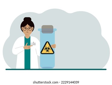 
Una doctora o científica sostiene un tubo de ensayo con una etiqueta de advertencia de riesgo biológico o virus. Riesgo biológico. Ilustración plana del vector