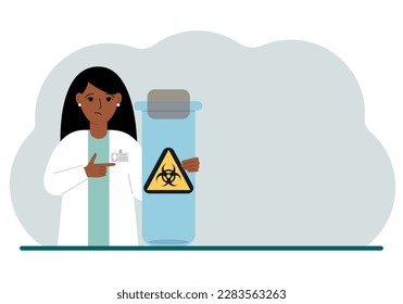 A female doctor or scientist is holding a test tube with a biohazard or virus warning label on it. Biological hazard. Vector flat illustration