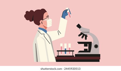 Female Doctor or Scientist Holds Test Tube in Laboratory, Advancing Healthcare Innovation with Research and Experimentation, Flat Vector Illustration Design