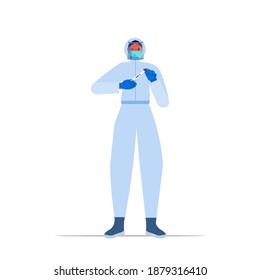 female doctor or scientist in mask holding covid-19 nasal swab laboratory test coronavirus pandemic concept full length vector illustration