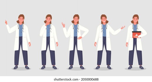 Female Doctor Set In Different Pose. Group Of Medical Professional Workers In Sanitary Uniform. Woman Physician Character Standing In Line. Vector Illustration Collection