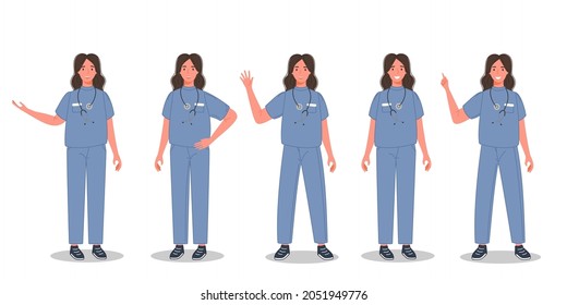 Female doctor set in different pose. Group of medical professional workers in sanitary uniform. Woman physician character standing in line. Vector illustration collection