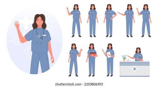 Female doctor set in different pose group of medical professional woman in sanitary uniform. Vector illustration