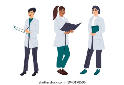 Female doctor set isolated vector illustration. Woman pharmacist design elements collection. Healthcare specialist character in cartoon style.	
