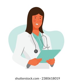 Female doctor with short hair bring board