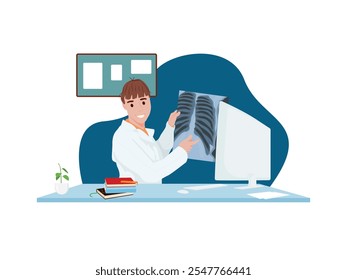 Female doctor showing chest x-ray in hand.