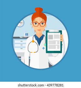 Female doctor showing clipboard with prescription. Doctor holding clipboard on the background of hospital room with MRI machine. Vector flat design illustration in the circle isolated on background.