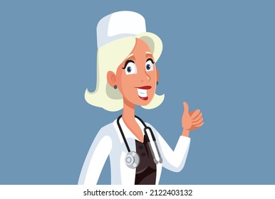 
Female Doctor Showing Thumbs Up Gesture Vector Cartoon Illustration. Happy general practitioner giving good news to her patient 
