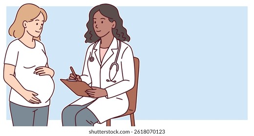 Female doctor sits and talks with pregnant woman. They are of different skin tones during supportive prenatal consultation in medical clinic, Additional space for text, copy space
