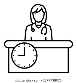 Female doctor sitting behind desk line icon. Simple outline style. Person, work, document folder, table, chair, seat, 9 o'clock, office hour, workplace concept. Vector illustration design logo symbol.