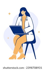 Doctora sentada con portátil en silla, ilustración vectorial plana.