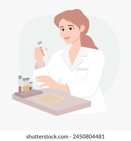 Female doctor sitting on a desk Pour the test tube onto the work table. Concept Check for hpv, hiv, covid viruses.