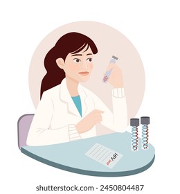 Female doctor sitting on a desk Pour the test tube onto the work table. Concept Check for hpv, hiv, covid viruses.
