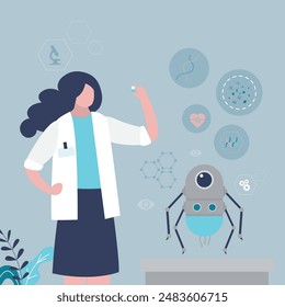 Female doctor with smart nano robots doing clinical research. Nano tech laboratory. Scientific and medical research and treatment using nanobots, technology of future. flat vector illustration