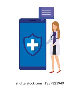 female doctor with smartphone and speech bubble