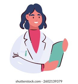 Female doctor smiling cartoon portrait. Funny doctor in white coat holding medical document with smile. Happy cartoon professional hospital staff, physician and pediatrician vector illustration