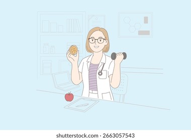 Female doctor smiling while holding dumbbell and orange slice promoting healthy lifestyle nutrition and fitness concept minimal vector illustration