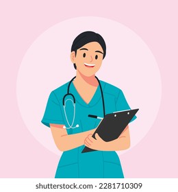 Female doctor smiling and writing on clip-board. Flat vector style characters, Healthcare illustrations.