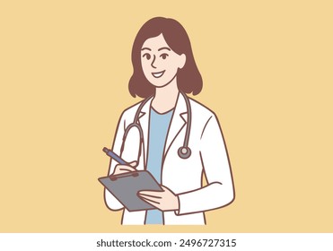 Female doctor smiling and writing on clip-board. Hand drawn style vector design illustrations.