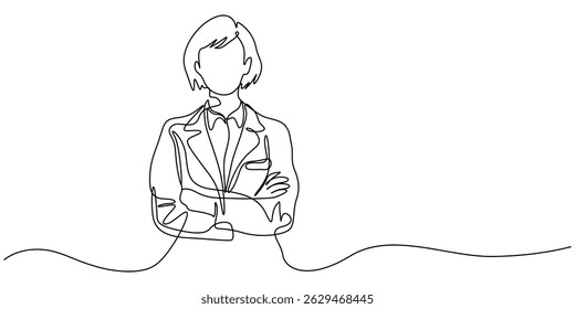 female doctor standing confidently continuous one line drawing, Single continuous line drawing a female doctor standing confidently with her arms crossed, Medical health care service concept single.