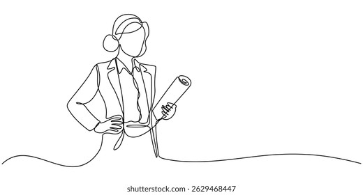 female doctor standing confidently continuous one line drawing, Single continuous line drawing a female doctor standing confidently with her arms crossed, Medical health care service concept single.