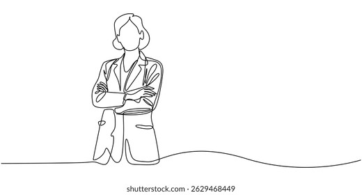 female doctor standing confidently continuous one line drawing, Single continuous line drawing a female doctor standing confidently with her arms crossed, Medical health care service concept single.