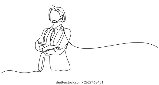 female doctor standing confidently continuous one line drawing, Single continuous line drawing a female doctor standing confidently with her arms crossed, Medical health care service concept single.