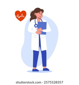 A female doctor is standing and holding a medical document or patient report with a heart symbol.
