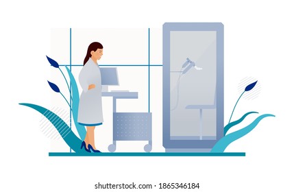 Female Doctor Standing near Plethysmography Box Testing Equipment. Plethysmography in Medical Office or Laboratory. Respiratory Diseases. Modern Flat Vector Illustration.
