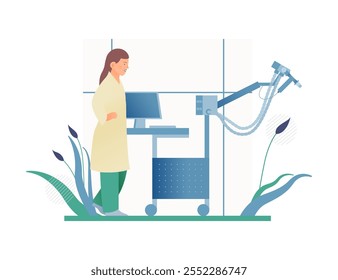 Female Doctor Standing near Pulmonary Testing Equipment. Plethysmography in Medical Office or Laboratory. Respiratory Diseases. Modern Flat Vector Illustration.