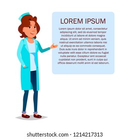 Female doctor standing next to a tablet with health advice or a recipe. Cartoon medic woman character on the background of the drawing Lorem Ipsum