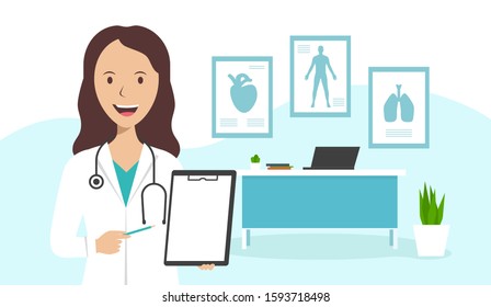 A female doctor is standing in the office and holding a sheet of paper with a diagnosis, banner. Medical testing concept. Family doctor shows diagnosis and offers vaccination. Doctor's workplace set