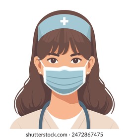 Female doctor standing wearing a mask. Flat vector illustration isolated on white background