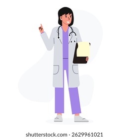 A female doctor stands in a medical gown, with a stethoscope, and a medical tablet. Flat cartoon illustration isolated on white background