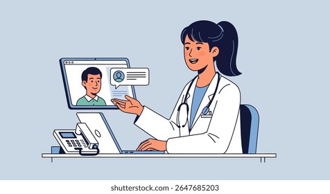 A female doctor with a stethoscope is consulting with a male patient on a laptop screen during a telehealth appointment.