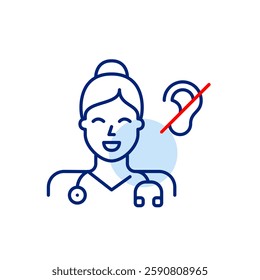 Female doctor with stethoscope and ear crossed symbol. Quiet medical environment or a non-verbal consultation method. Health services designed for deaf or hard-of-hearing patients, such as sign langua