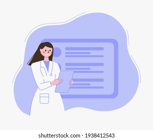 Female doctor with stethoscope holding a clipboard in the hospital, making notes and smiling. Flat style vector illustration