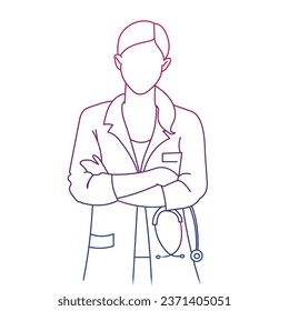 Female doctor with a stethoscope line art illustration isolated on a white background 