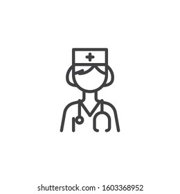 Female doctor with stethoscope line icon. linear style sign for mobile concept and web design. Woman doctor character outline vector icon. Healthcare symbol, logo illustration. Vector graphics