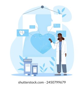 A female doctor with a stethoscope, medical icons, and medications in a flat style on a blue background, concept of cardiology. Flat cartoon vector illustration