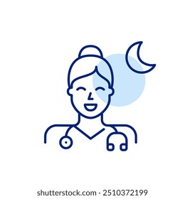 Female doctor with stethoscope and moon symbol. Sleep health specialist. Pixel perfect, editable stroke icon